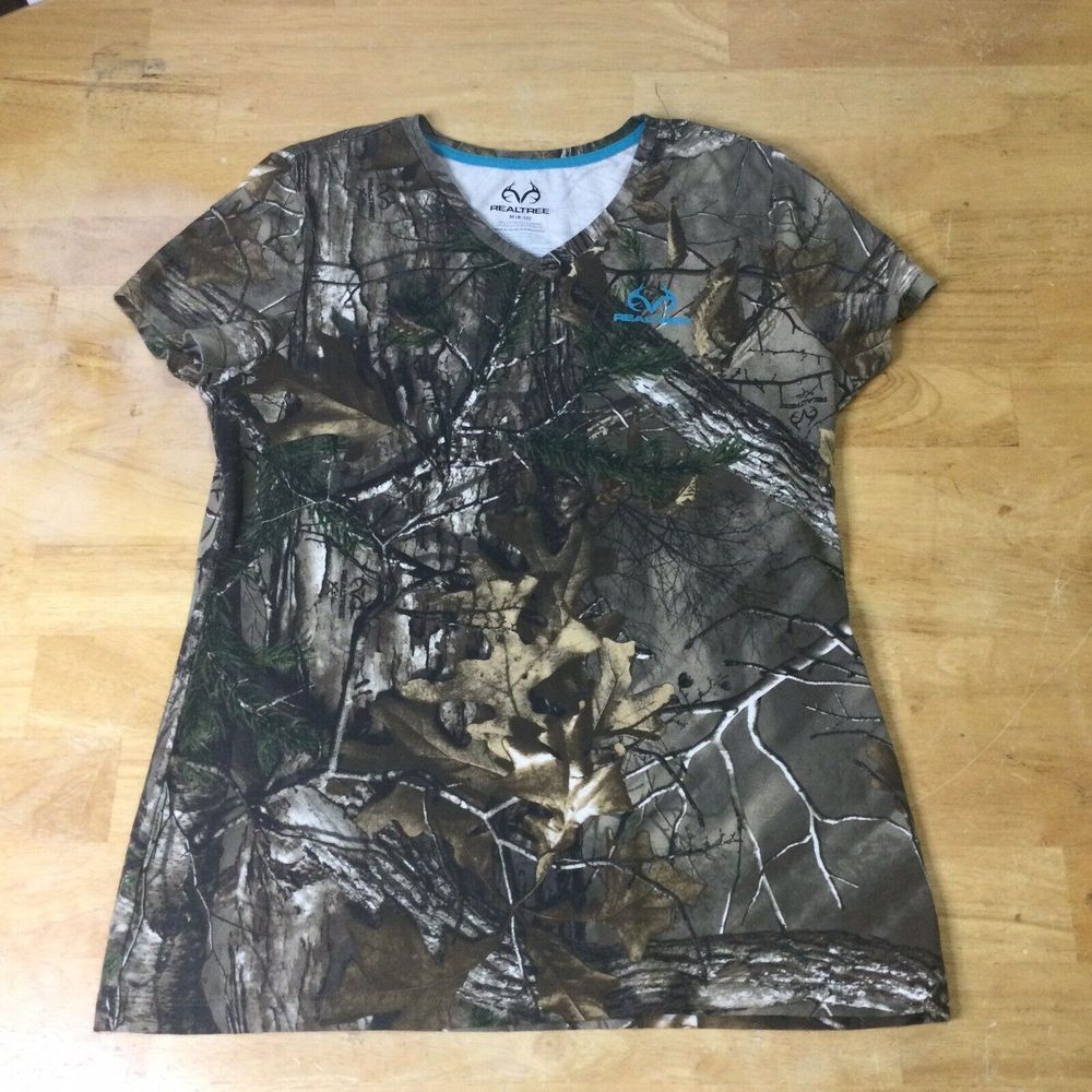 RealTree Fall Camo Women's Medium T-shirts Short and Long Sleeve‎ Blue Logo